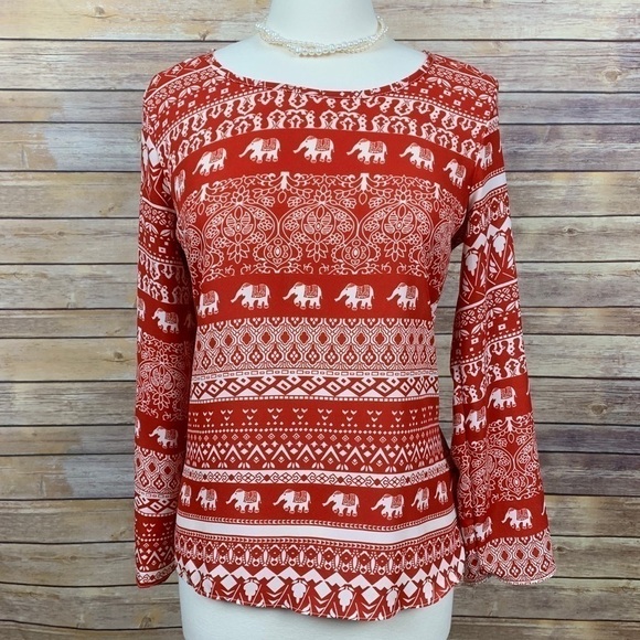 Moa Moa S Orange/White Elephant Print Blouse - Picture 1 of 5